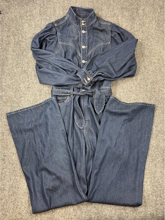 7 For All Mankind Pants - 7 For All Mankind Womens Jumpsuit M Blue Denim Balloon Sleeve Wide Leg Tie Waist